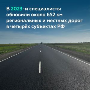 Порядка 652 км дорог обновлено в Луганской и Донецкой народных республиках, а также Запорожской и Херсонской областях в 2023...