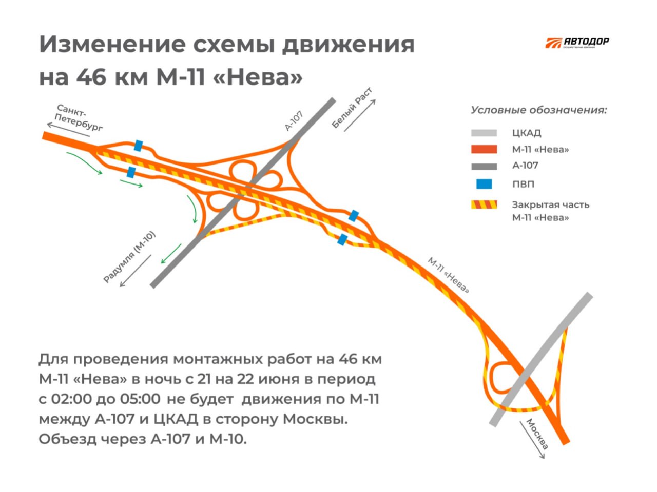 В ночь на 22 июня в интервале с 02:00 до 05:00 на 46 км трассы М-11 «Нева» в Подмосковье запланирован монтаж рамной конструкц...