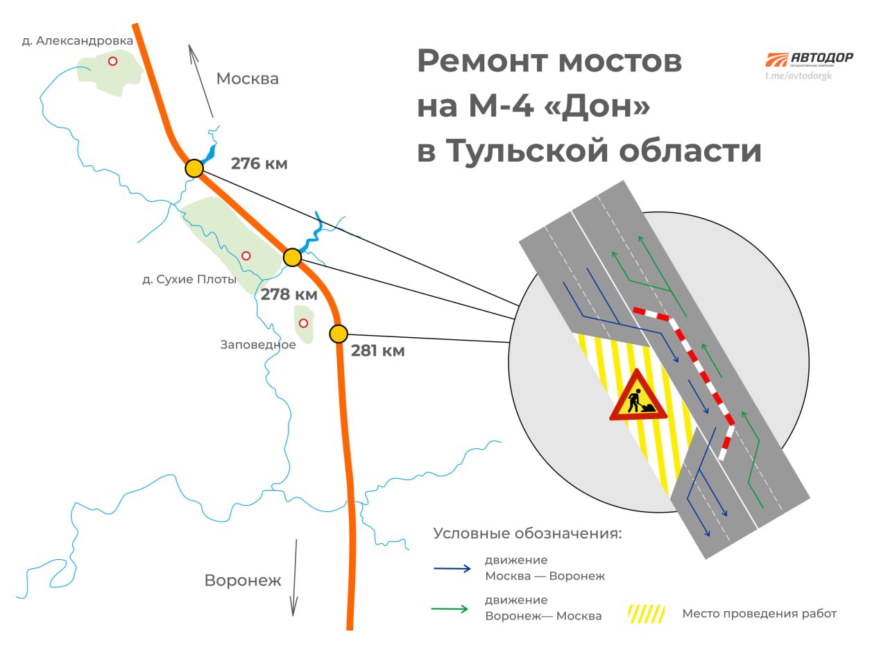 Отремонтируем три моста на М-4 в Тульской области — на 276, 278 и 281 км. Работы планируется начать до конца марта.На время и...