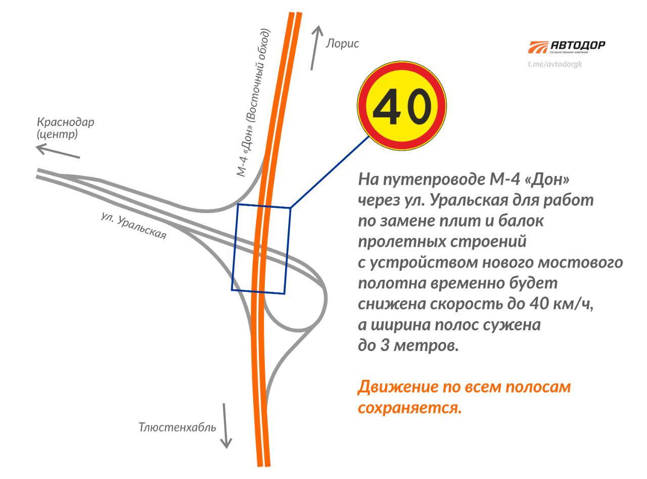 С 3 октября на путепроводе, расположенном на 1335-м км М-4 «Дон» в районе ул. Уральской в Краснодаре, стартуют ремонтные рабо...