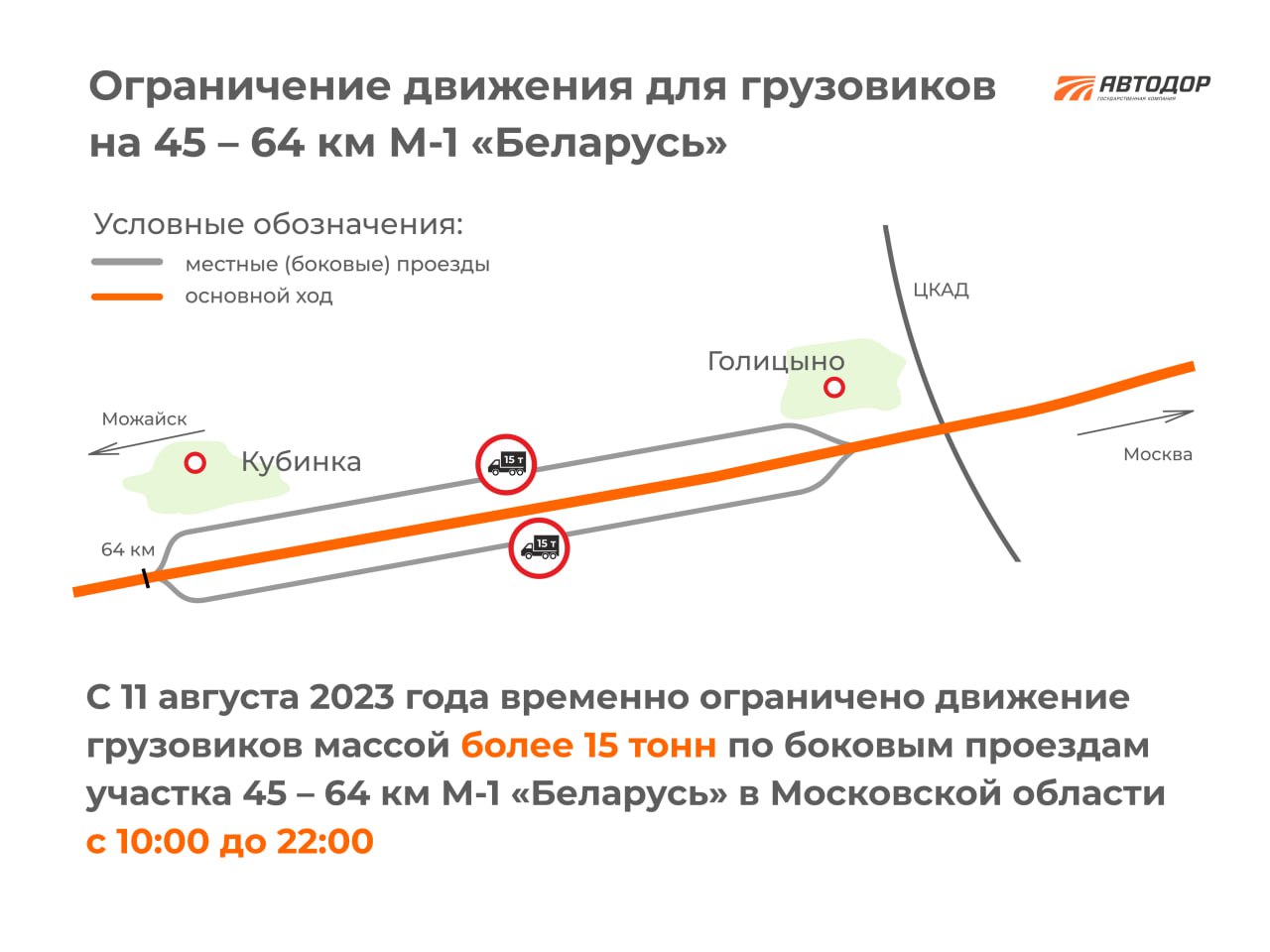 С 11 августа будет ограничено движение грузовых автомобилей на боковых проездах трассы М-1 в ПодмосковьеС 11 августа 2023 год...