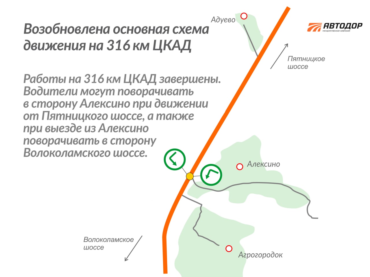 ⚠️ Водители, внимание! Возобновлена основная схема движения на 316 км ЦКАД на въезд и выезд из Алексино.