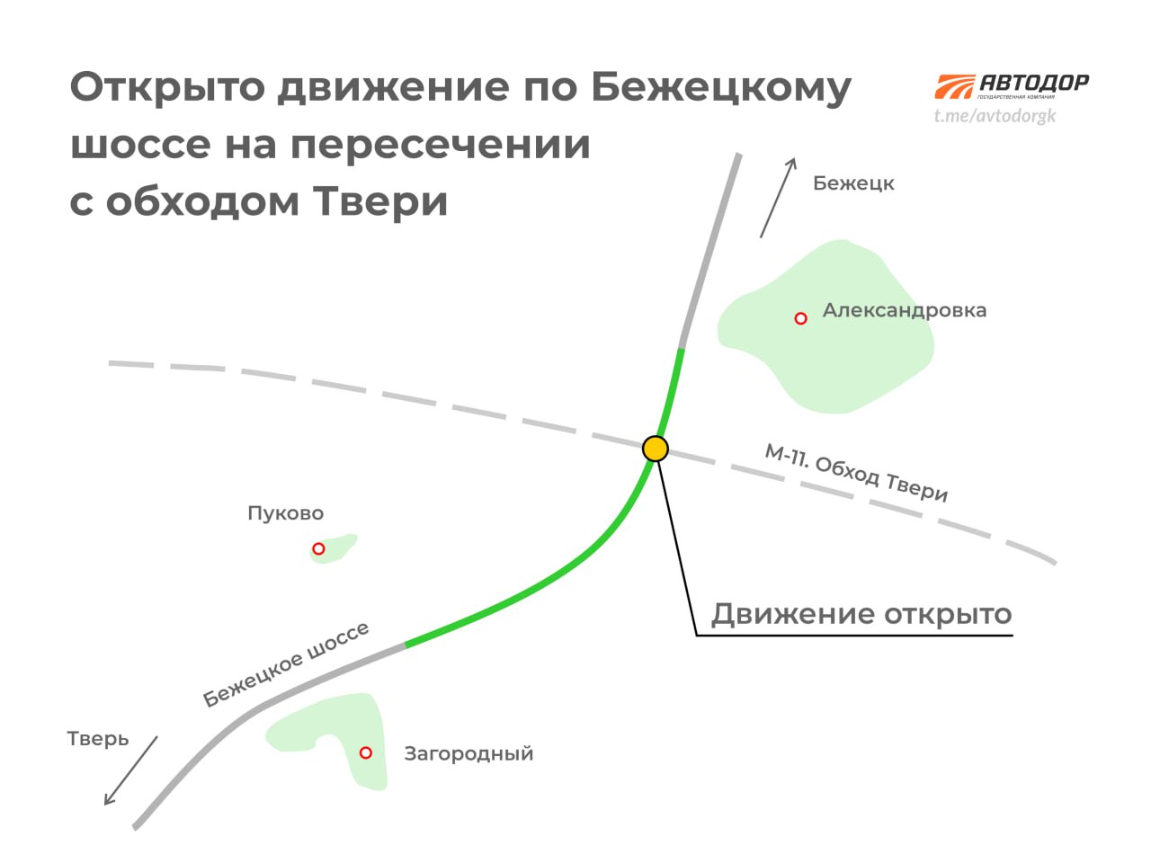 Открыт участок Р-132 в районе пересечения со строящимся обходом Твери. Движение по основному ходу Бежецкого шоссе возобновлен...