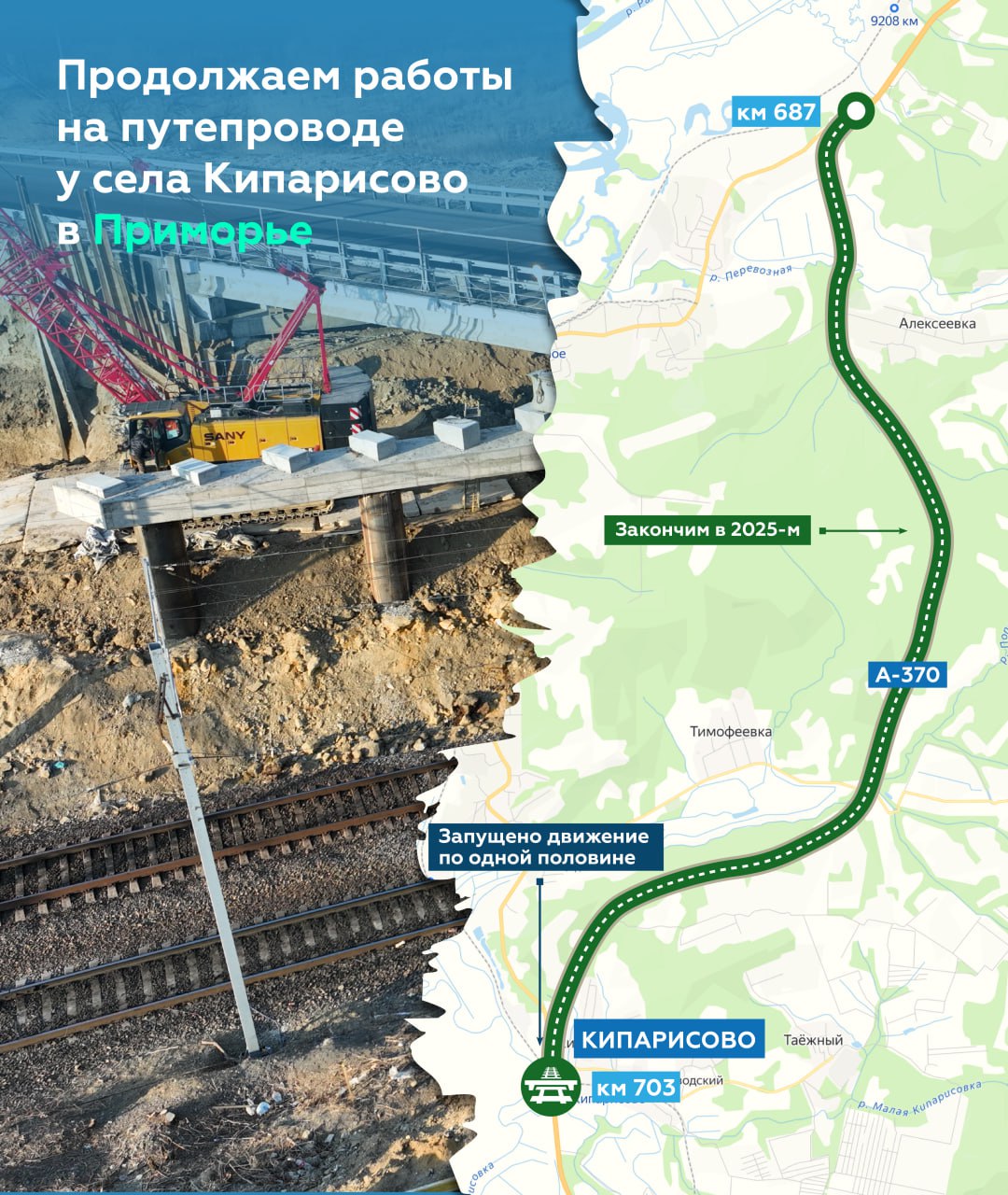 В июне закончим строительство путепровода над Транссибом в ПриморьеЕго возводим в рамках реконструкции участка на А-370 «Уссу...
