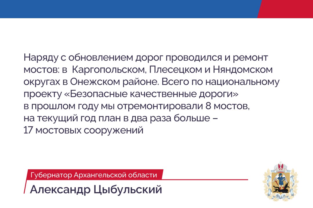 В 2023 году на региональной сети дорог Архангельской области отремонтировано 19 участков общей протяженностью 200 километров...