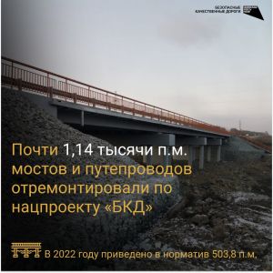 В 2023 году по нацпроекту БКД были проведены работы на 14 искусственных сооружениях общей протяженностью 1,14 тысяч погонных...